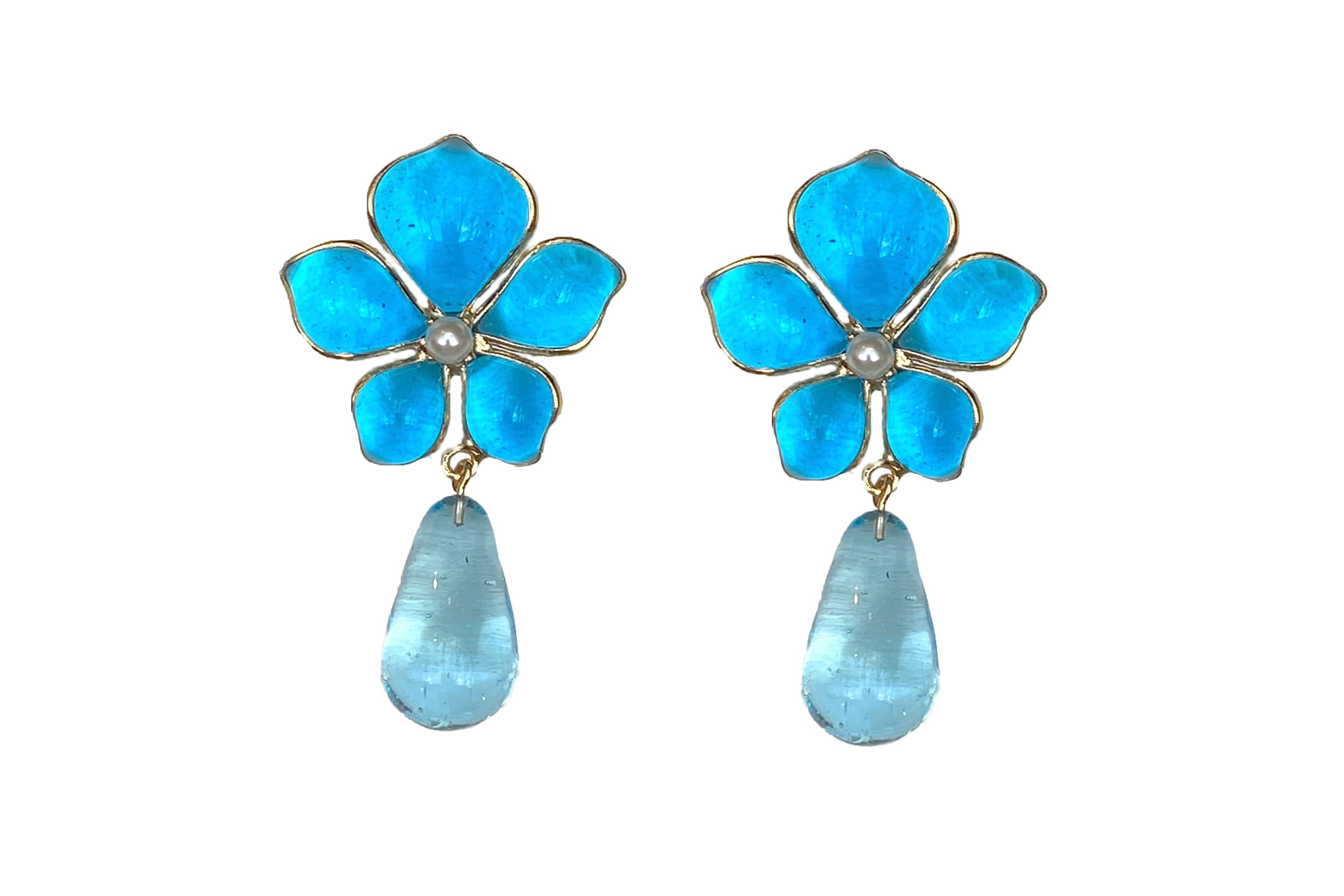 Tropical Flower Pierced Earrings With Glass Drop